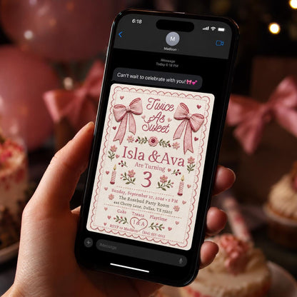 Pink Coquette Twin 3rd Birthday Invitation — bow and embroidery design