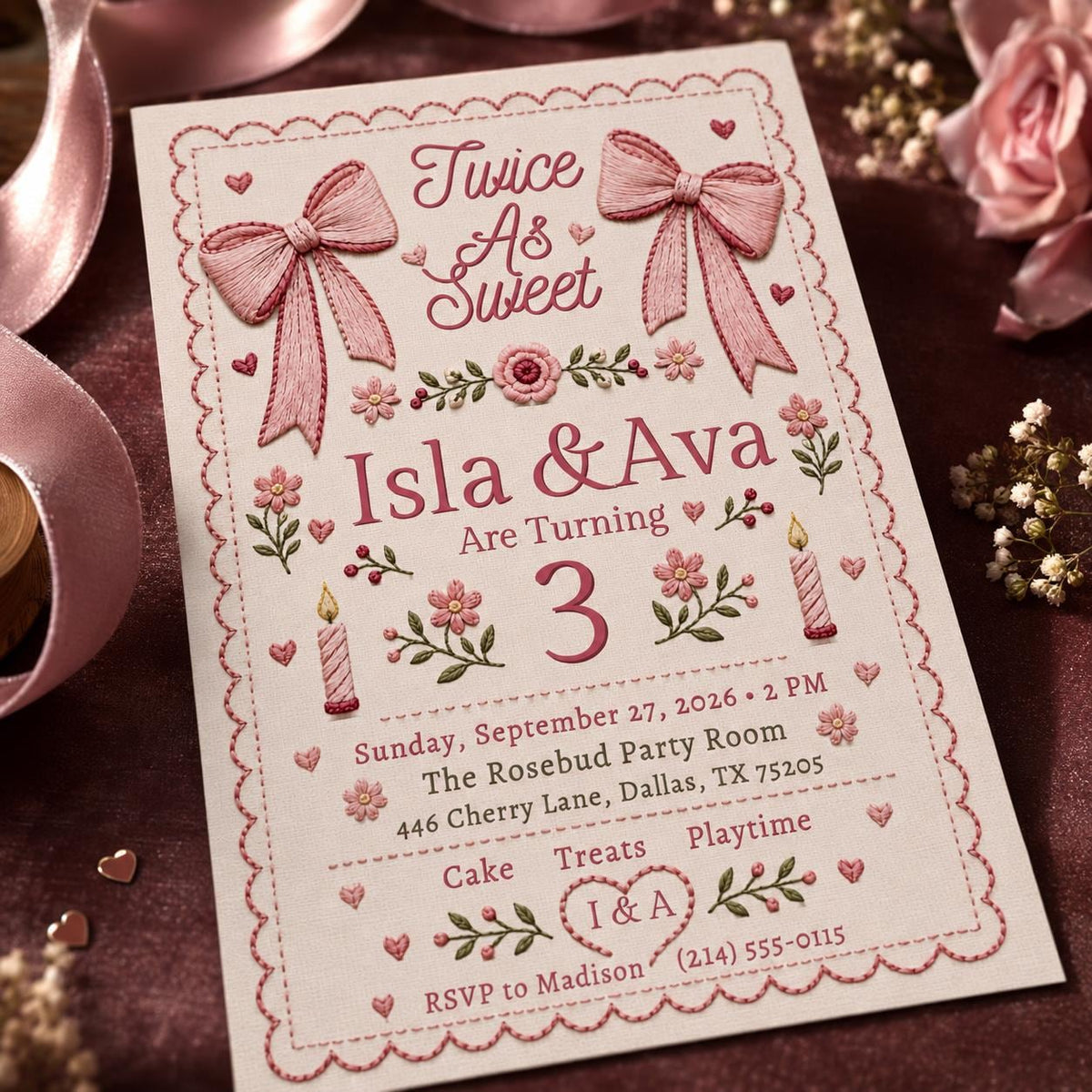 Pink Coquette Twin 3rd Birthday Invitation — digital invitation, instant download