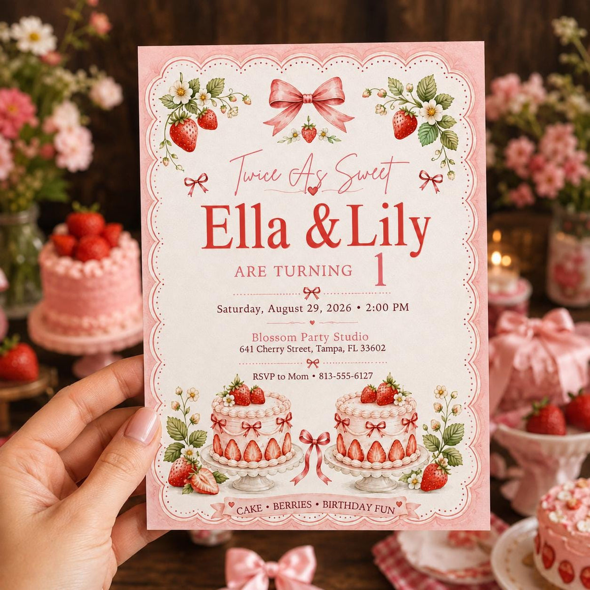 Pink Coquette Twin First Birthday Invitation — invitation you personalize in Canva