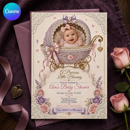 Pink Coquette Vintage Baby Carriage Baby Shower Invitation for Girls — editable Canva template