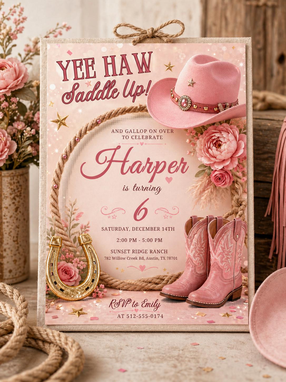 Pink Cowgirl 6th Birthday Invitation with Roses — invitation you personalize in Canva