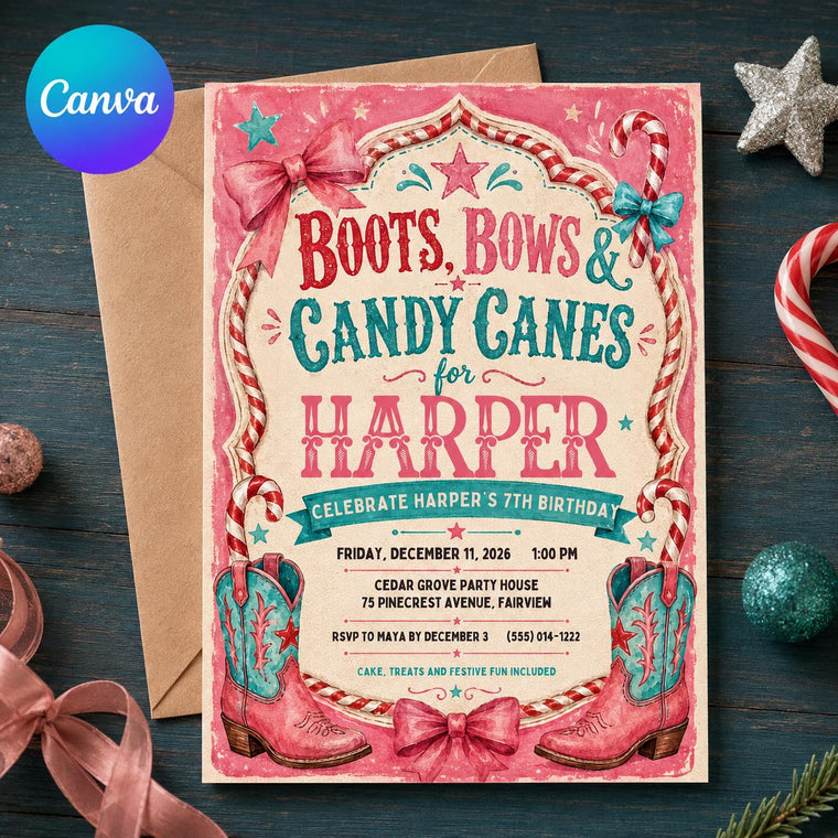 Pink Cowgirl Christmas Birthday Invitation