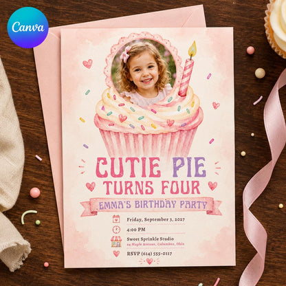 Pink Cupcake 4th Birthday Invitation for Girls — editable Canva template