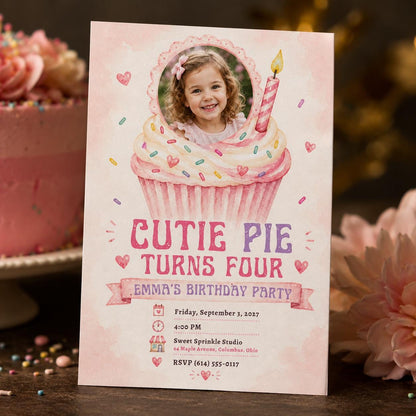 Pink Cupcake 4th Birthday Invitation for Girls — 4th birthday party stationery by VoltBy