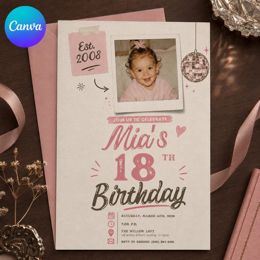 Pink Disco Ball Photo 18th Birthday Invitation — editable Canva template