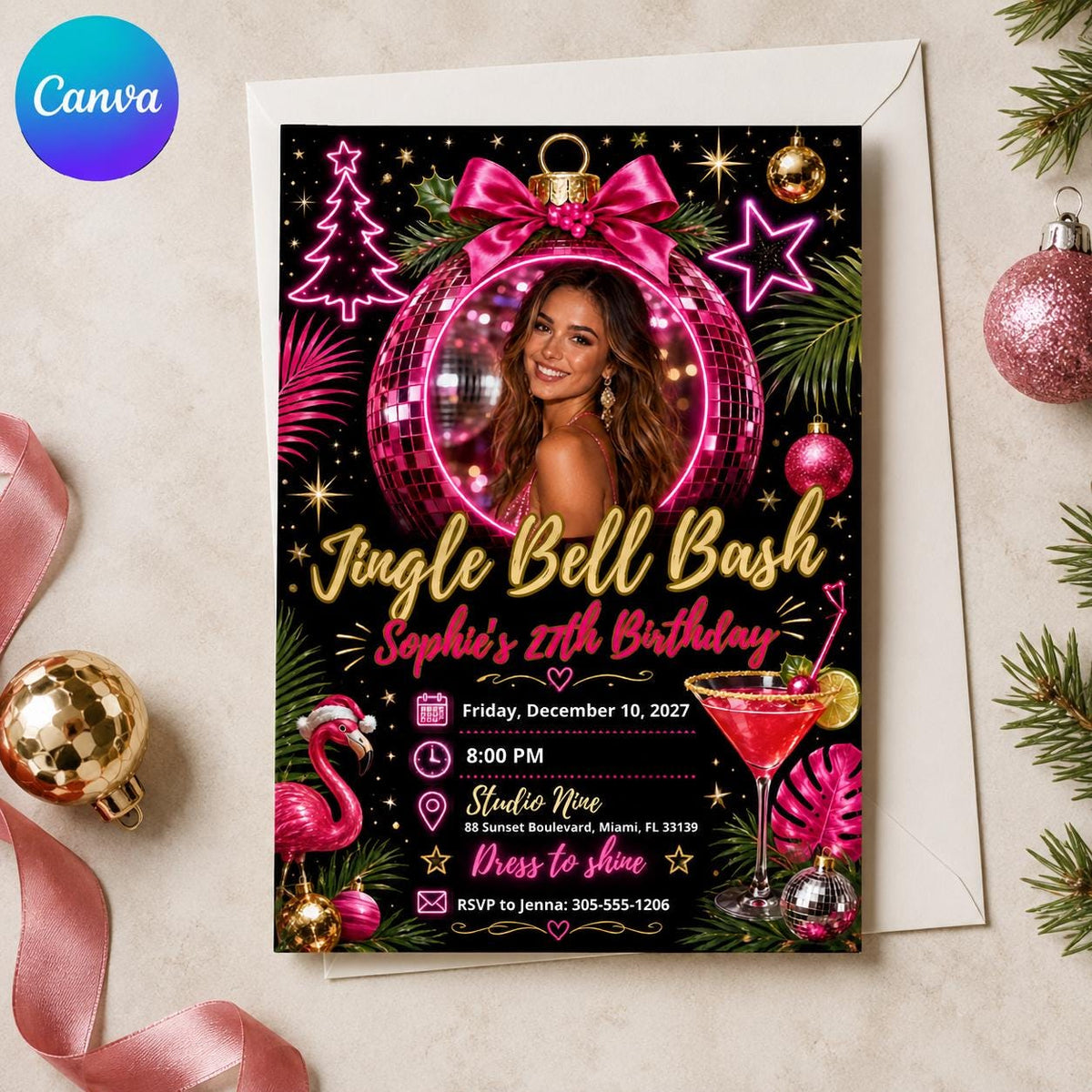 Pink Disco 27th Birthday Invitation — editable Canva template