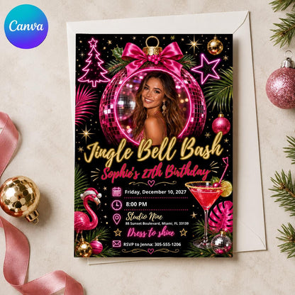 Pink Disco 27th Birthday Invitation — editable Canva template