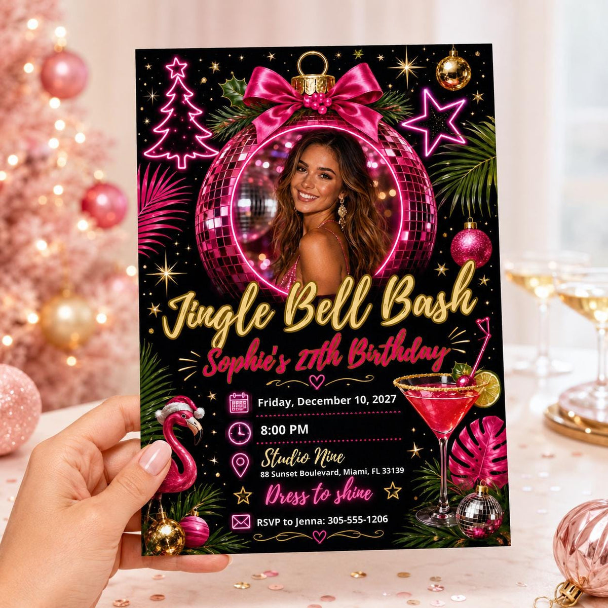 Pink Disco 27th Birthday Invitation — ball design
