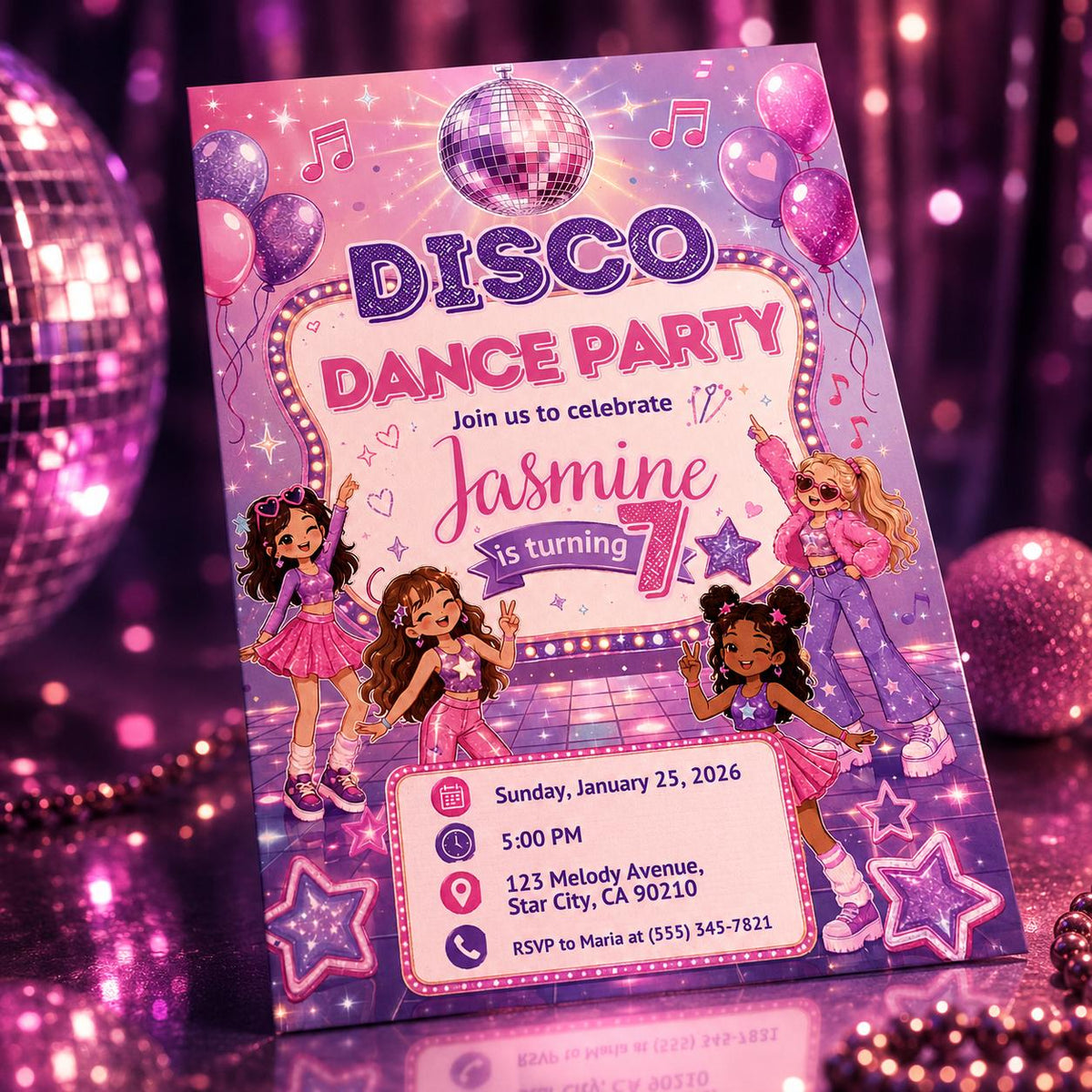 Pink Disco Dance Party 7th Birthday Invitation — balloon artwork in purple