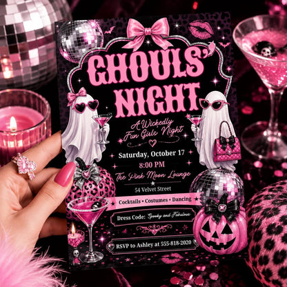 Pink Disco Girls Halloween Party Invitation — editable Canva template