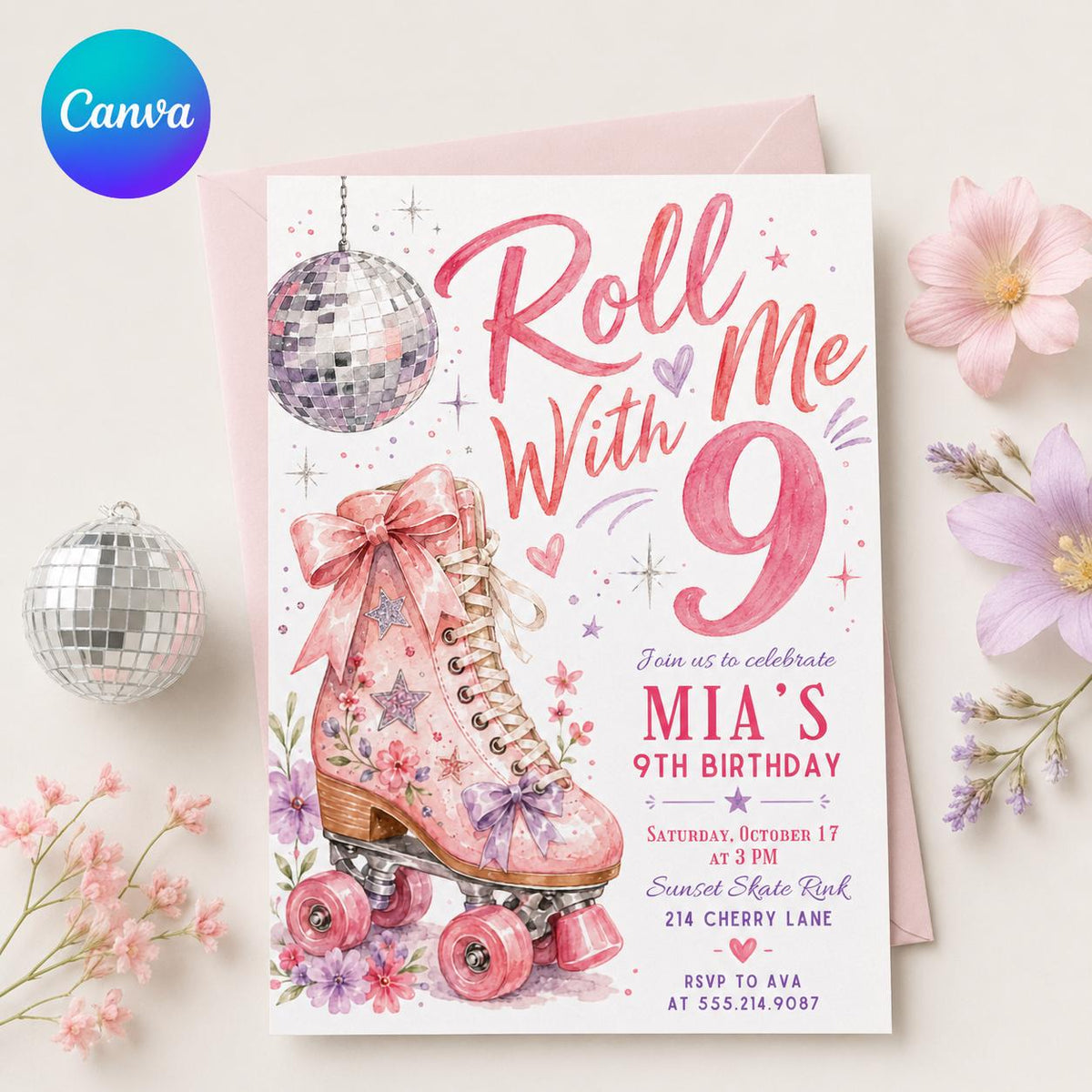 Pink Disco Roller Skate 9th Birthday Invitation for Girls — editable Canva template