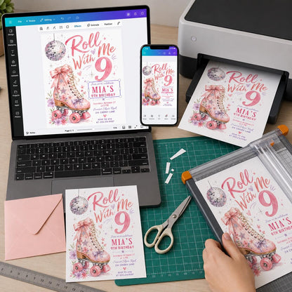Pink Disco Roller Skate 9th Birthday Invitation for Girls — print-ready 9th birthday party design from VoltBy