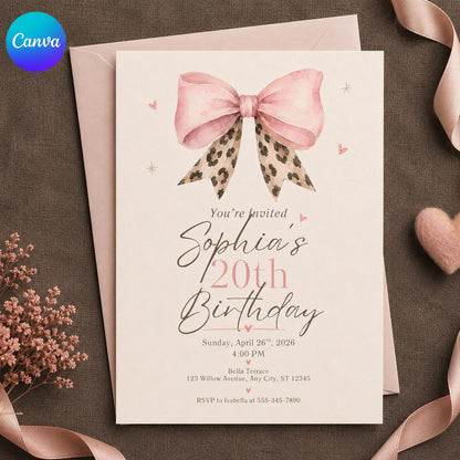 Pink Elegant 20th Birthday Invitation — editable Canva template