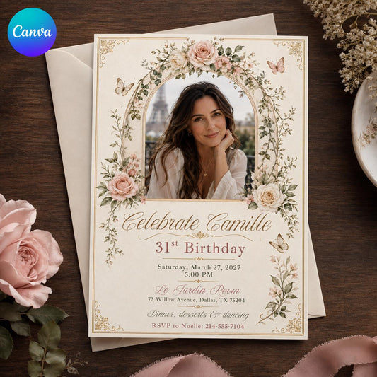 Pink Elegant 31st Birthday Invitation — editable Canva template