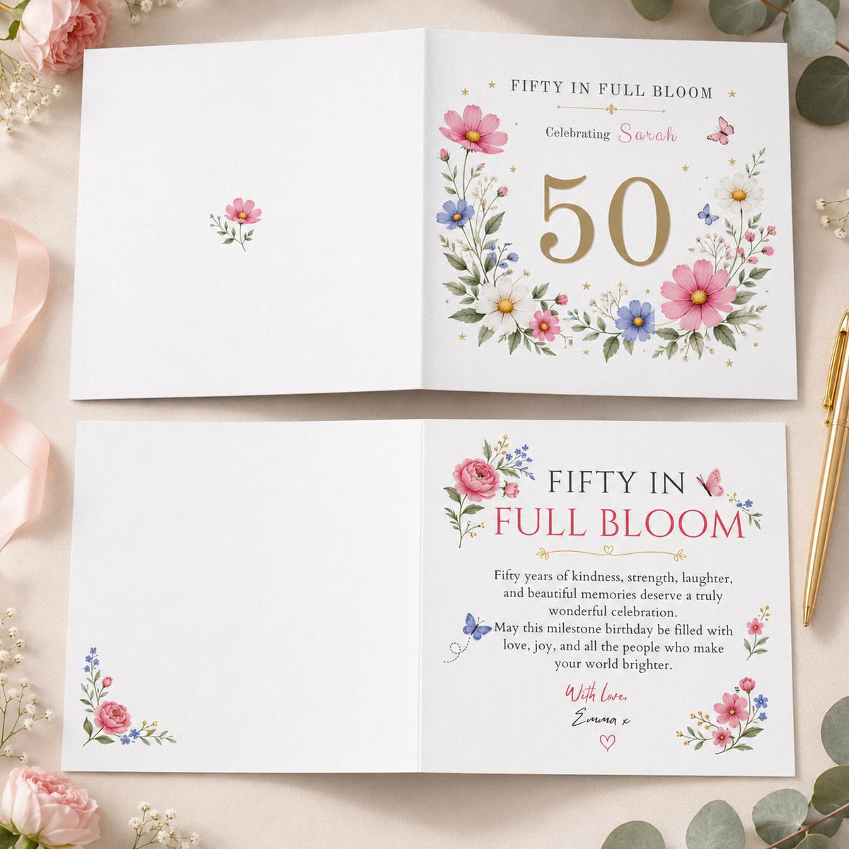 Pink Elegant 50th Birthday Greeting Card for Her — floral design
