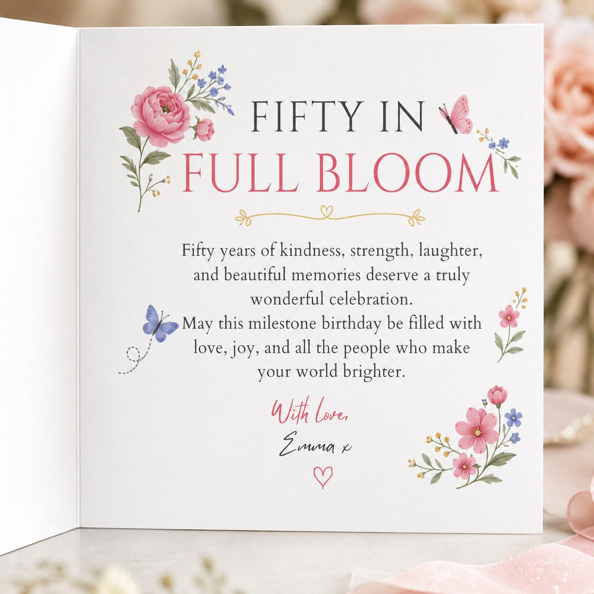 Pink Elegant 50th Birthday Greeting Card for Her — greeting card you personalize in Canva