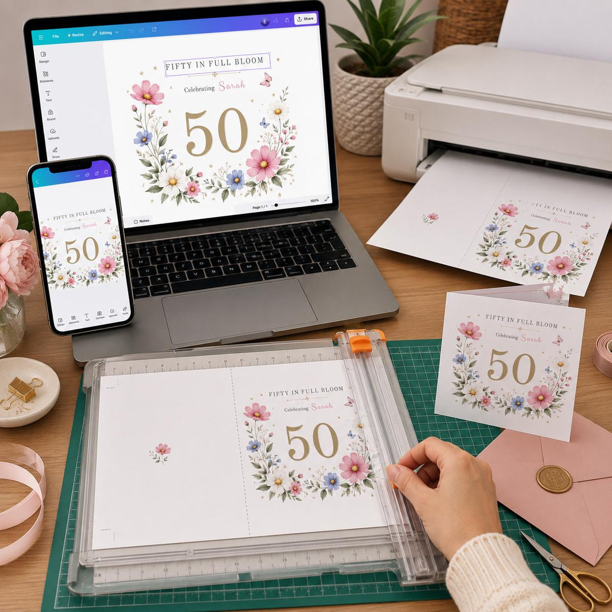 Pink Elegant 50th Birthday Greeting Card for Her — print-ready 50th birthday party design from VoltBy