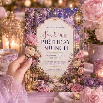 Pink Elegant Birthday Brunch Invitation — editable Canva template