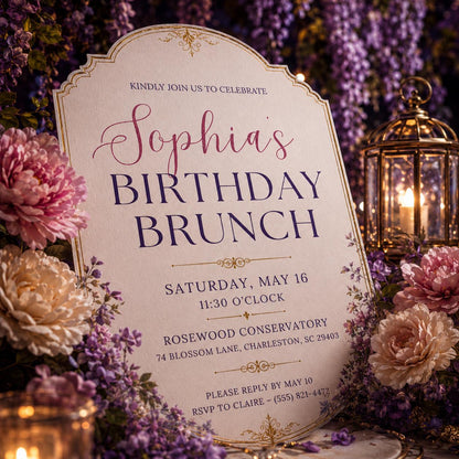 Pink Elegant Birthday Brunch Invitation — print-ready birthday party design from VoltBy
