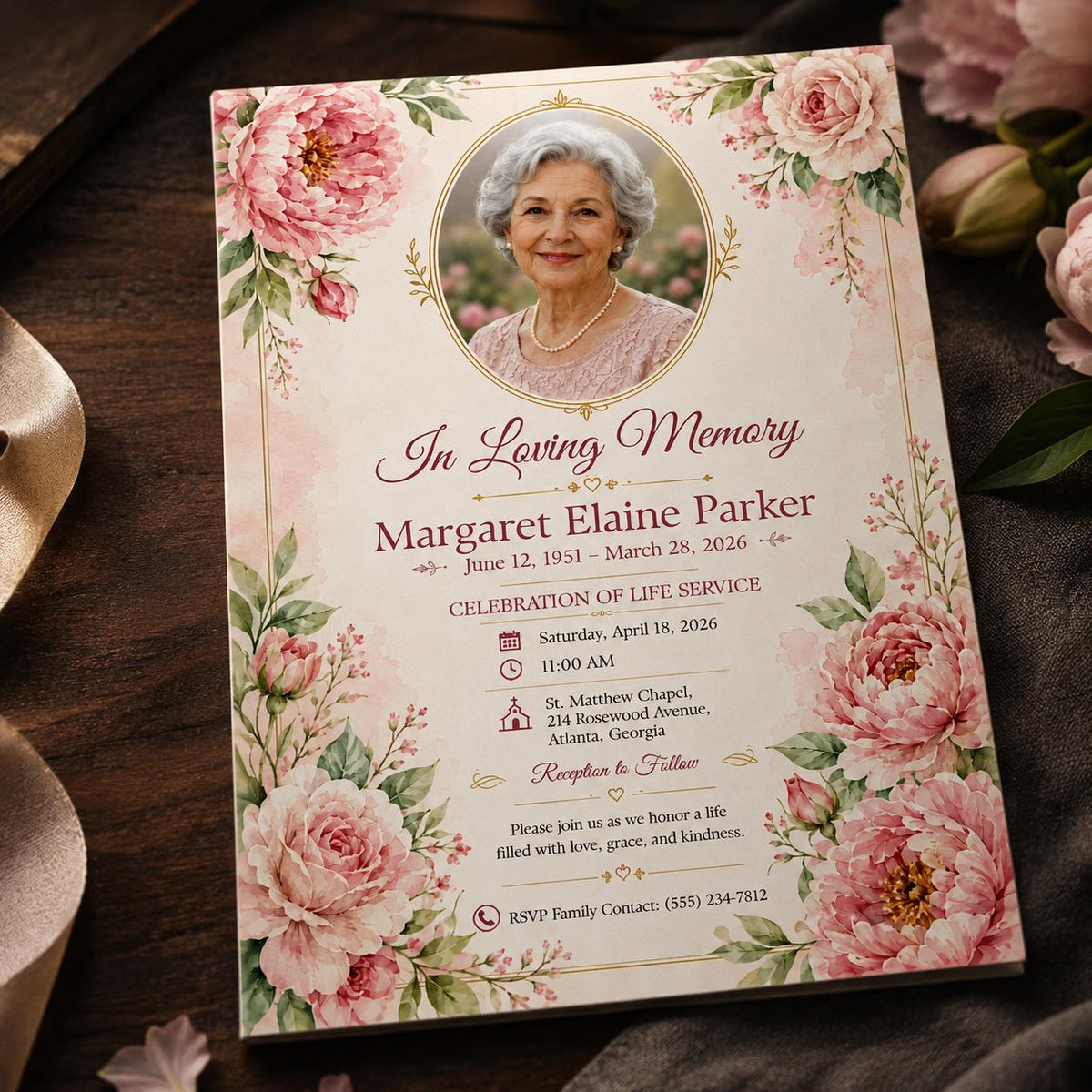 Pink Elegant Celebration of Life Invitation — invitation you personalize in Canva