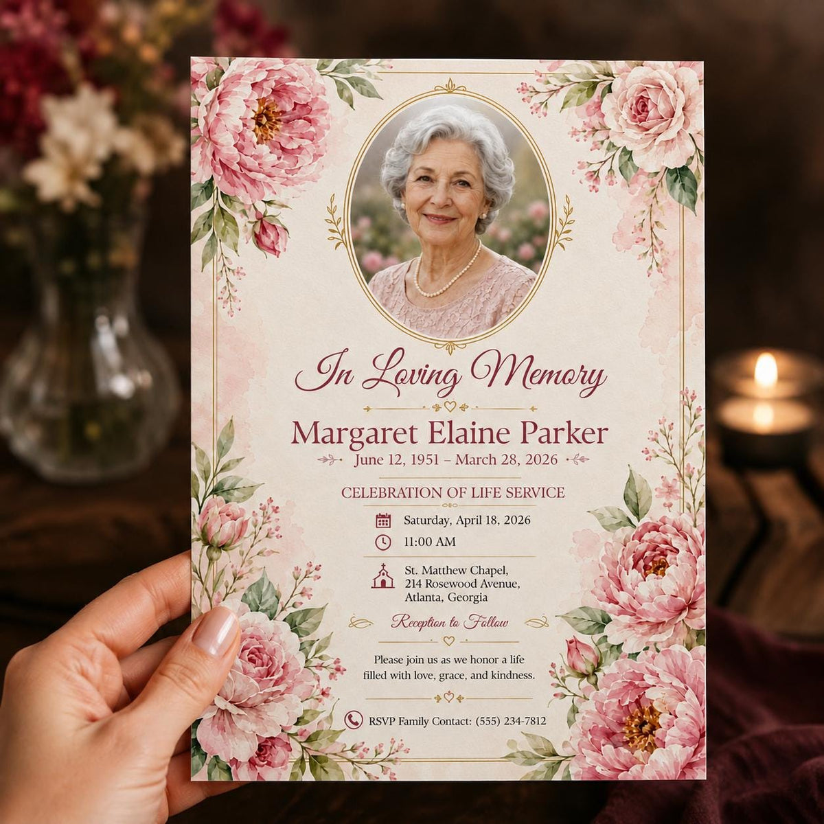 Pink Elegant Celebration of Life Invitation — digital invitation, instant download
