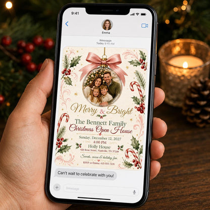 Pink Elegant Christmas Open House Invitation — bow design