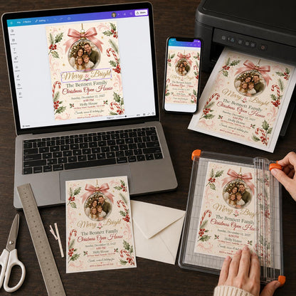 Pink Elegant Christmas Open House Invitation — print-ready Christmas celebration design from VoltBy