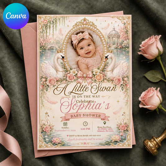 Pink Elegant Swan Baby Shower Invitation for Girls — editable Canva template