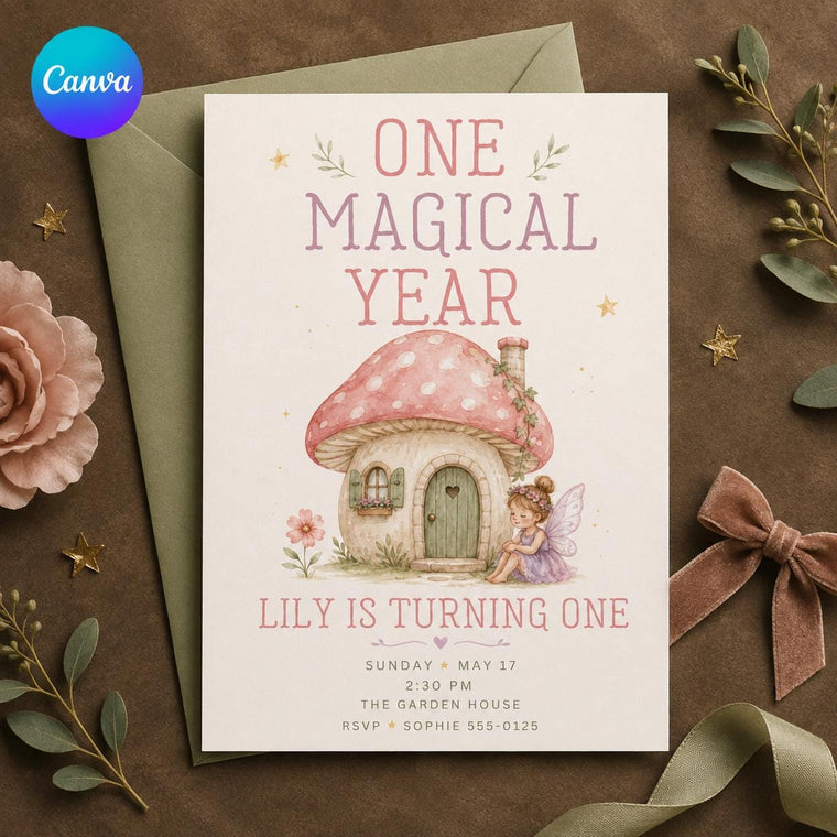 Pink Fairy First Birthday Invitation for Girls
