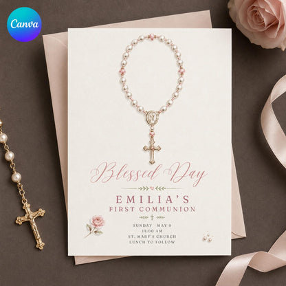 Pink First Communion Invitation for Girl — editable Canva template