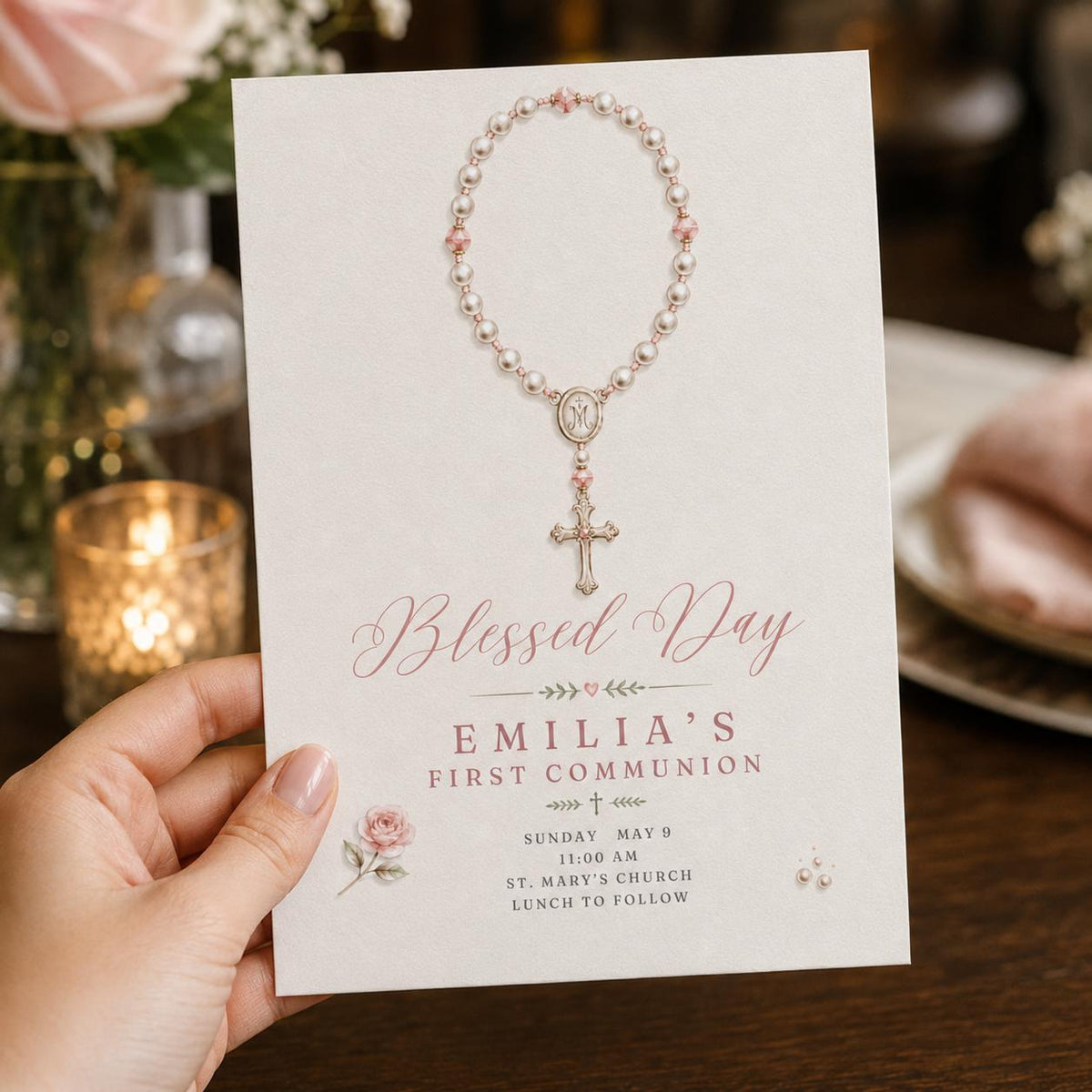 Pink First Communion Invitation for Girl — invitation you personalize in Canva
