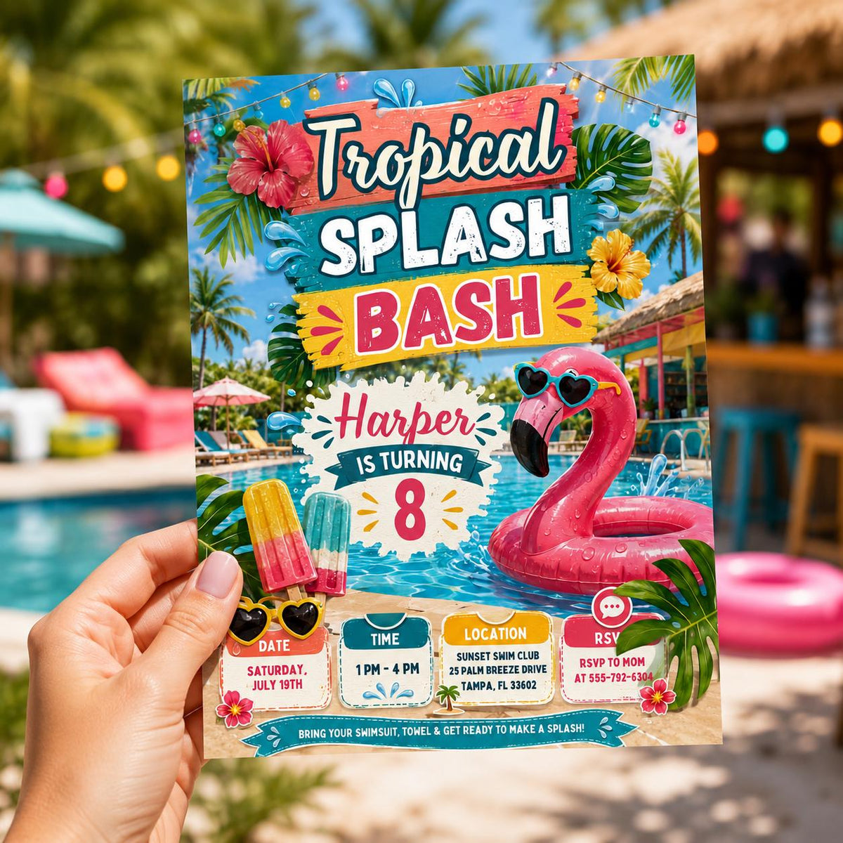 Pink Flamingo Pool Party Invitation for Girls — digital invitation, instant download