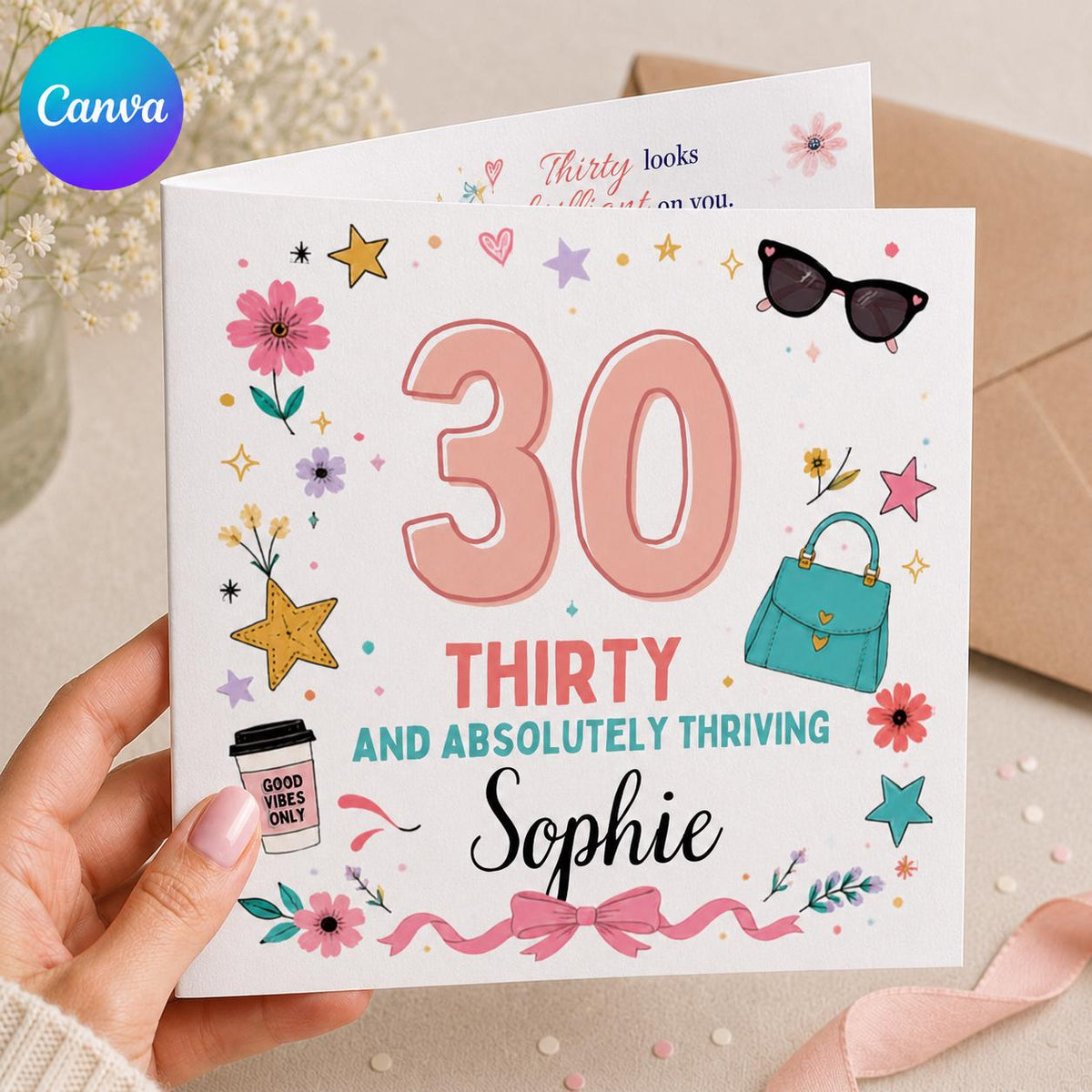 Pink Floral 30th Birthday Greeting Card for Her — editable Canva template