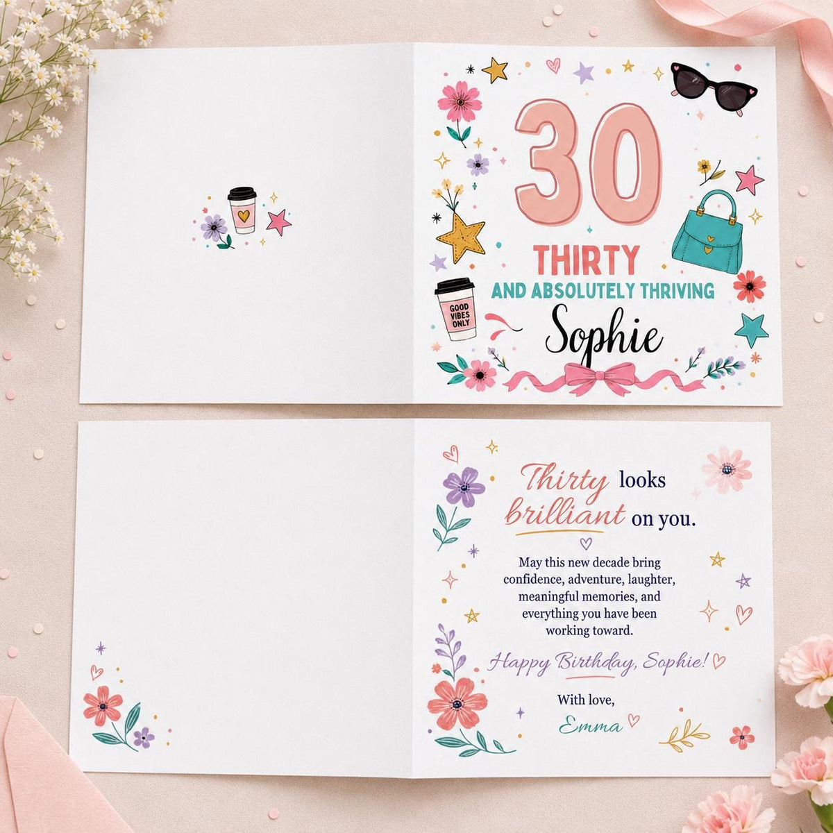 Pink Floral 30th Birthday Greeting Card for Her — greeting card you personalize in Canva