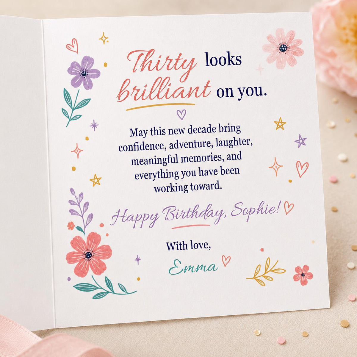 Pink Floral 30th Birthday Greeting Card for Her — print-ready 30th birthday party design from VoltBy