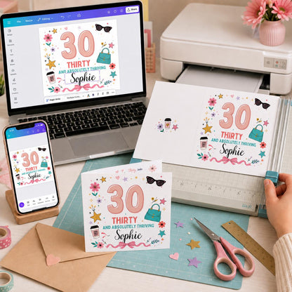Pink Floral 30th Birthday Greeting Card for Her — digital greeting card, instant download