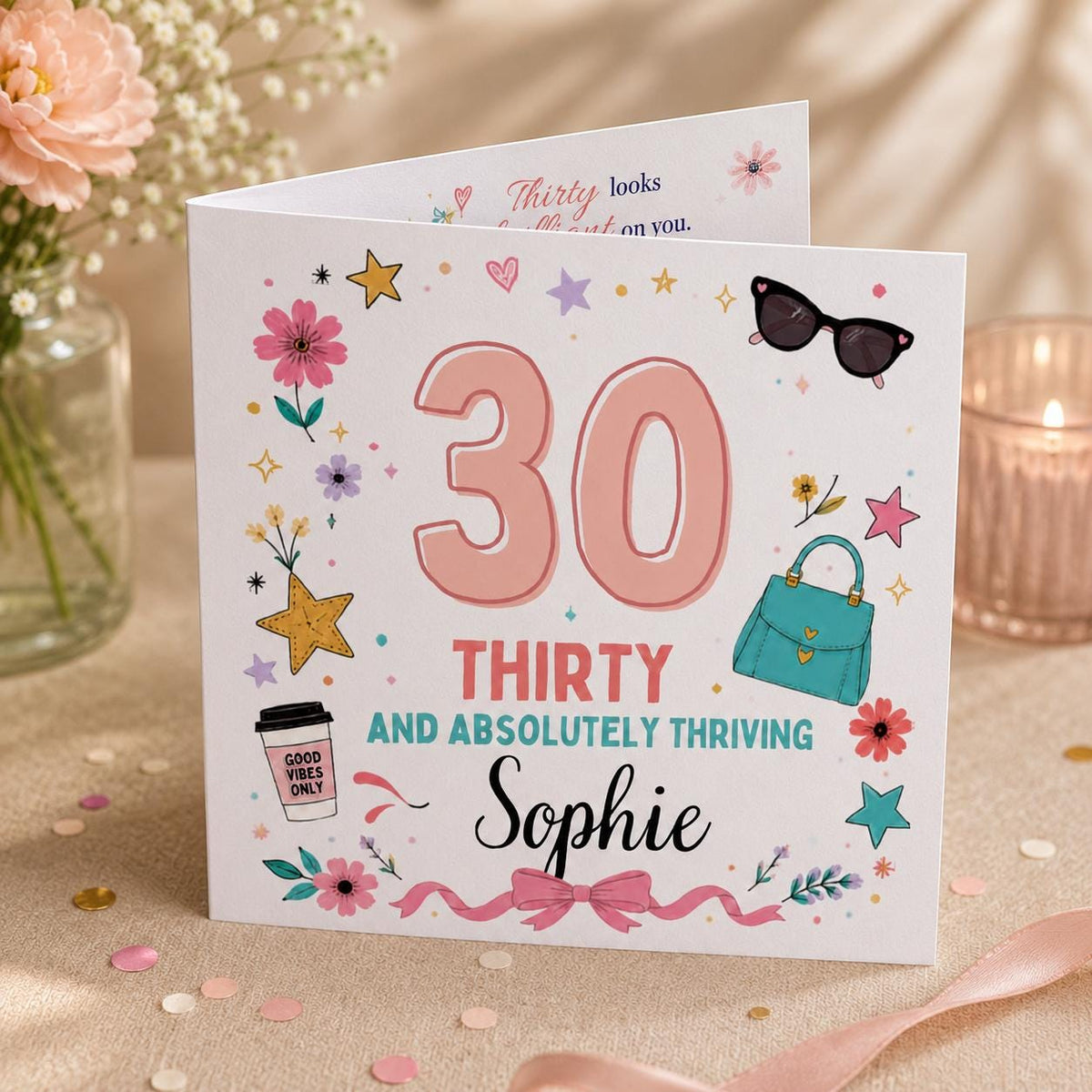 Pink Floral 30th Birthday Greeting Card for Her — 30th birthday party stationery by VoltBy