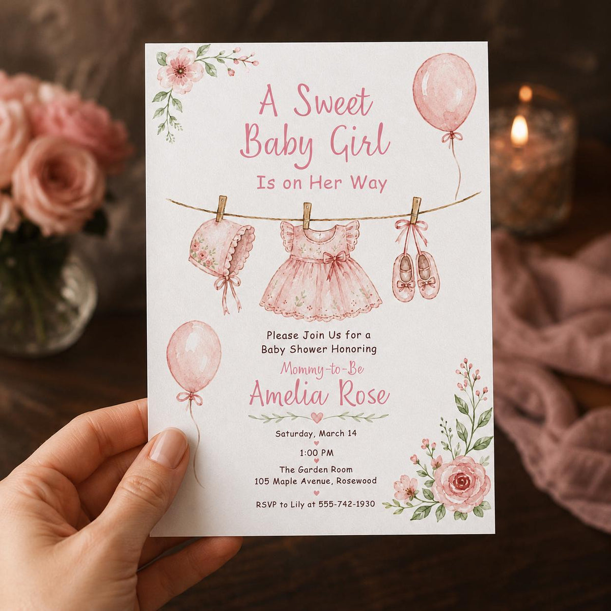 Pink Floral Baby Girl Shower Invitation — invitation you personalize in Canva
