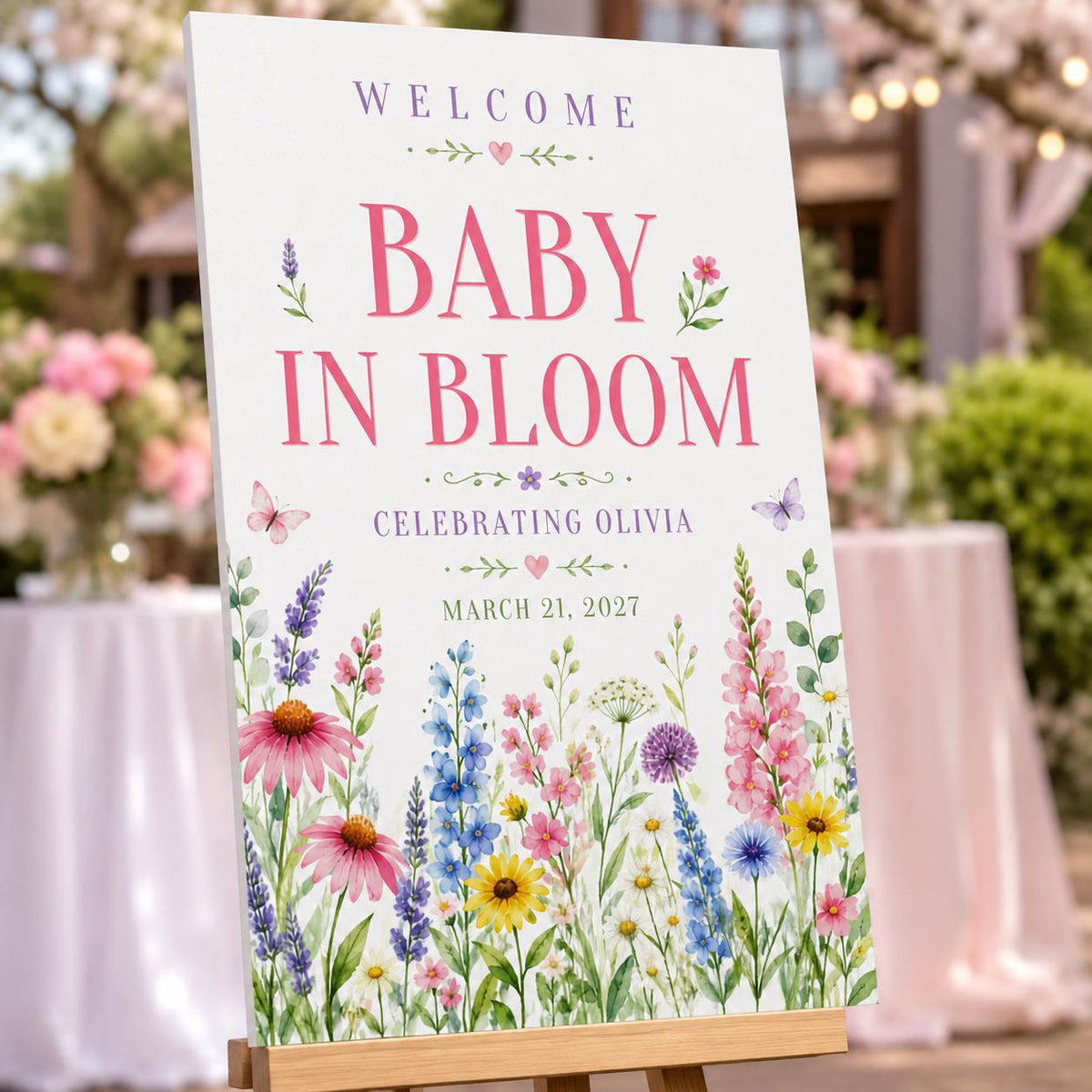 Pink Floral Baby in Bloom Welcome Sign — butterfly design