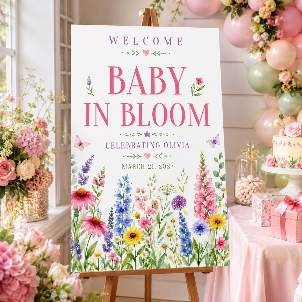 Pink Floral Baby in Bloom Welcome Sign — welcome sign you personalize in Canva