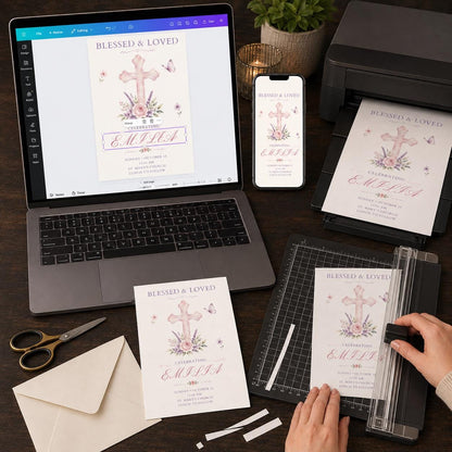 Pink Floral Baptism Invitation Girl — digital invitation, instant download