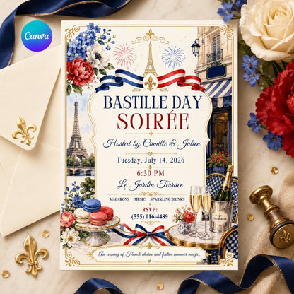 Pink Floral Bastille Day Soirée Invitation — editable Canva template