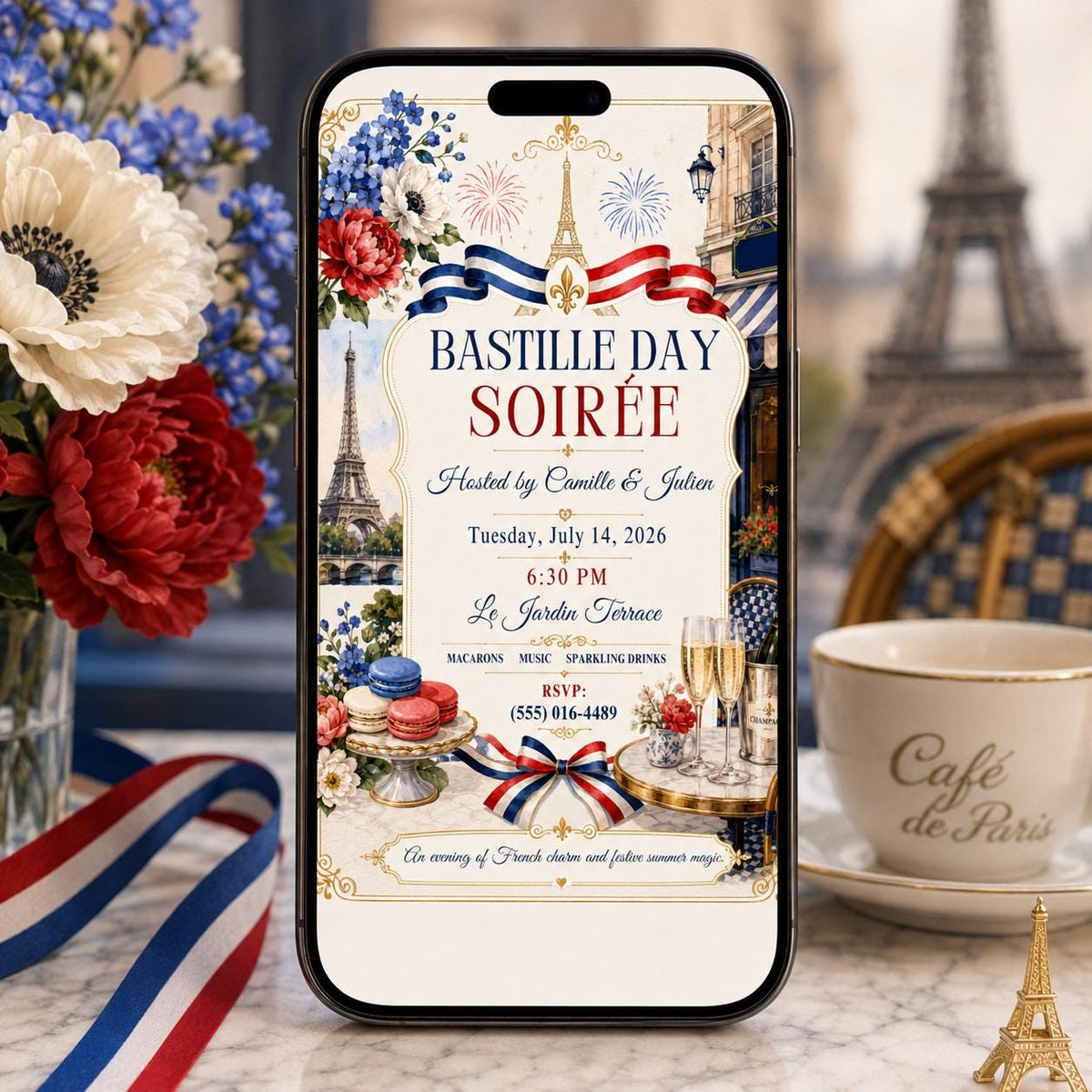 Pink Floral Bastille Day Soirée Invitation — coffee design