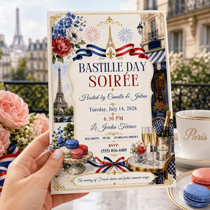Pink Floral Bastille Day Soirée Invitation — invitation you personalize in Canva
