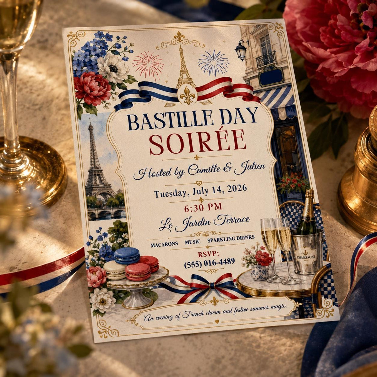 Pink Floral Bastille Day Soirée Invitation — print-ready birthday party design from VoltBy