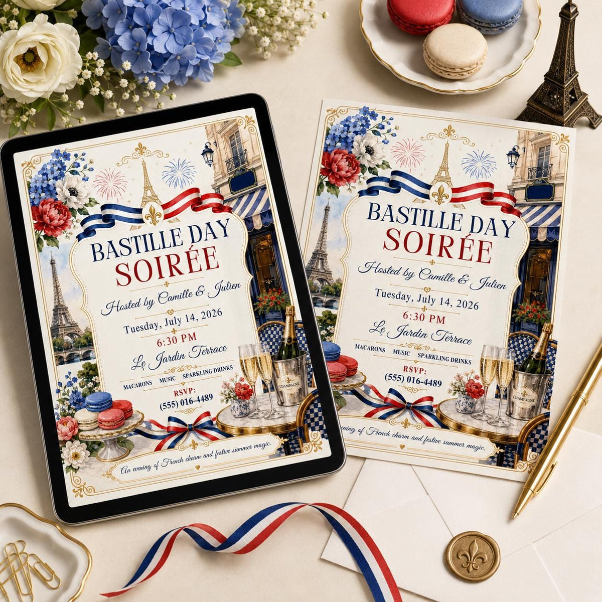 Pink Floral Bastille Day Soirée Invitation — digital invitation, instant download