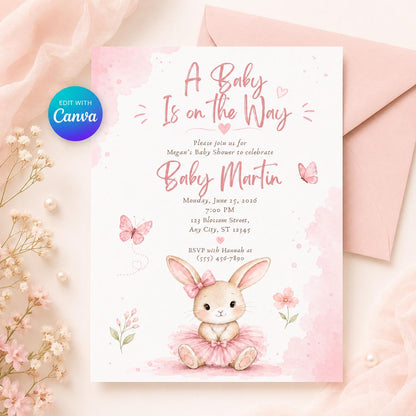 Pink Floral Bunny Baby Shower Invitation for Girls — editable Canva template