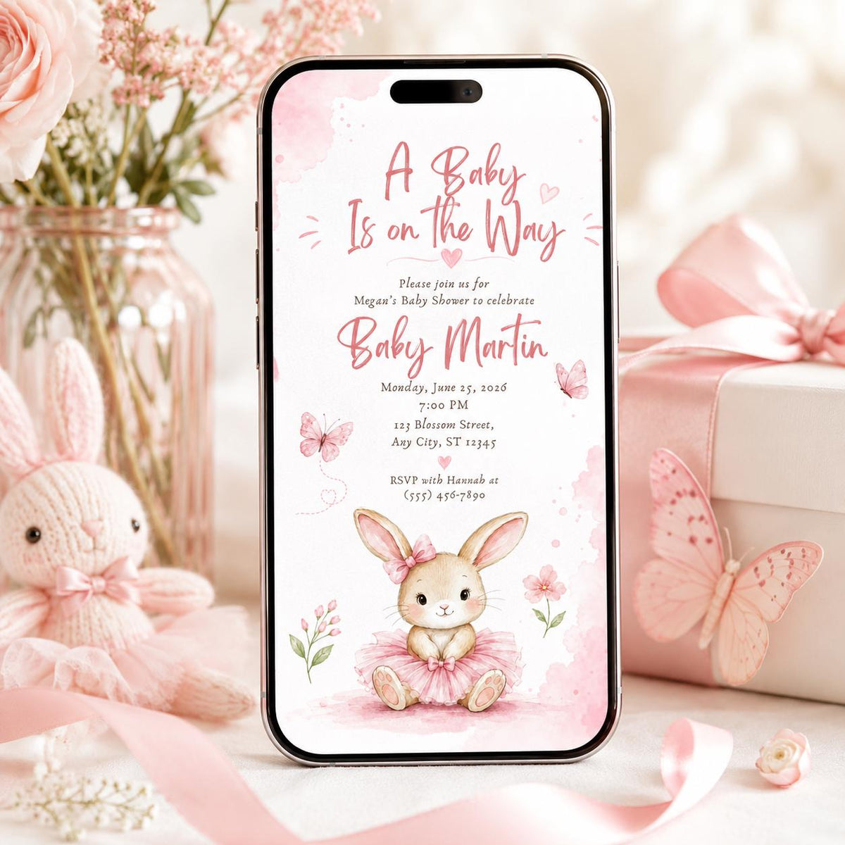 Pink Floral Bunny Baby Shower Invitation for Girls — invitation you personalize in Canva