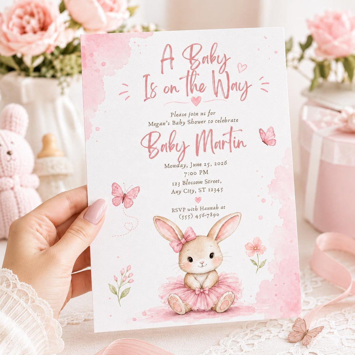 Pink Floral Bunny Baby Shower Invitation for Girls — print-ready baby shower design from VoltBy