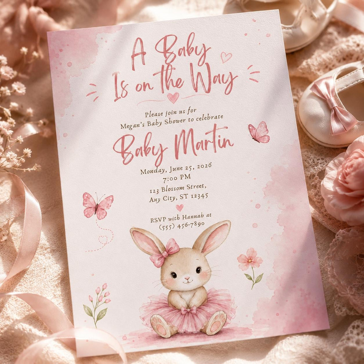 Pink Floral Bunny Baby Shower Invitation for Girls — digital invitation, instant download